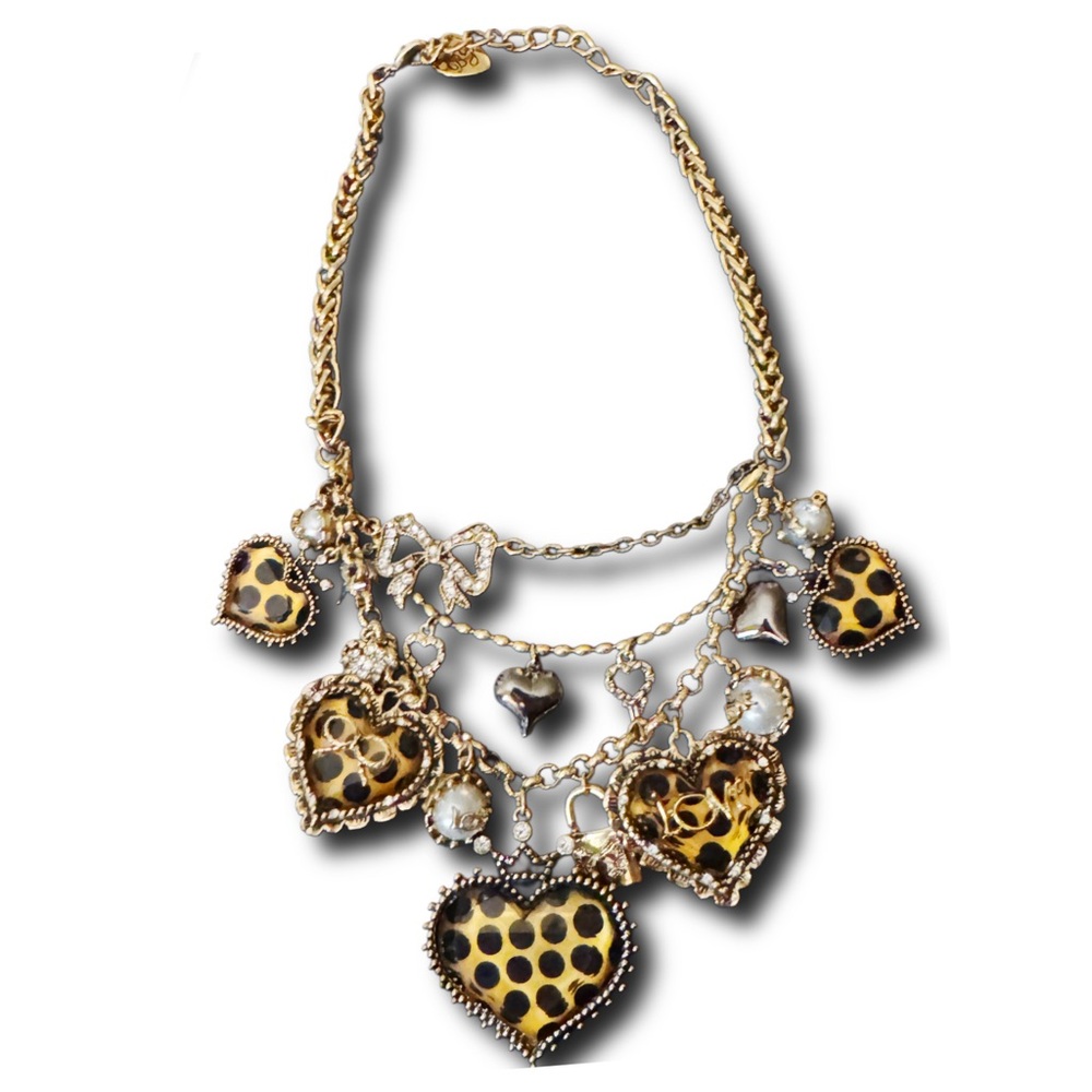 Vintage Betsey Johnson Lucite Heart & Locks Polka Dot Multi charm necklace - Picture 2 of 12